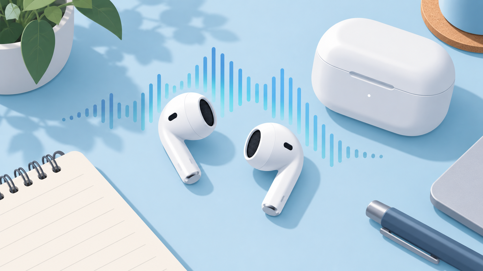 AI-generated concept illustration of generic open-fit earbuds and a charging case on a blue desk; not a product photograph.