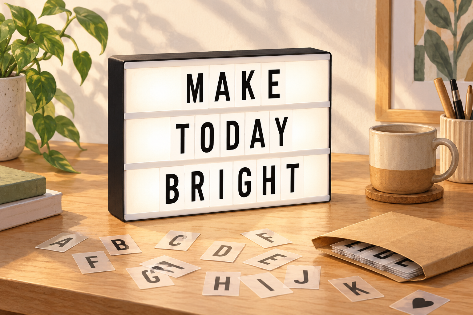 AI illustration of a generic three-row cinema lightbox reading Make Today Bright, with loose letter cards and a storage envelope.