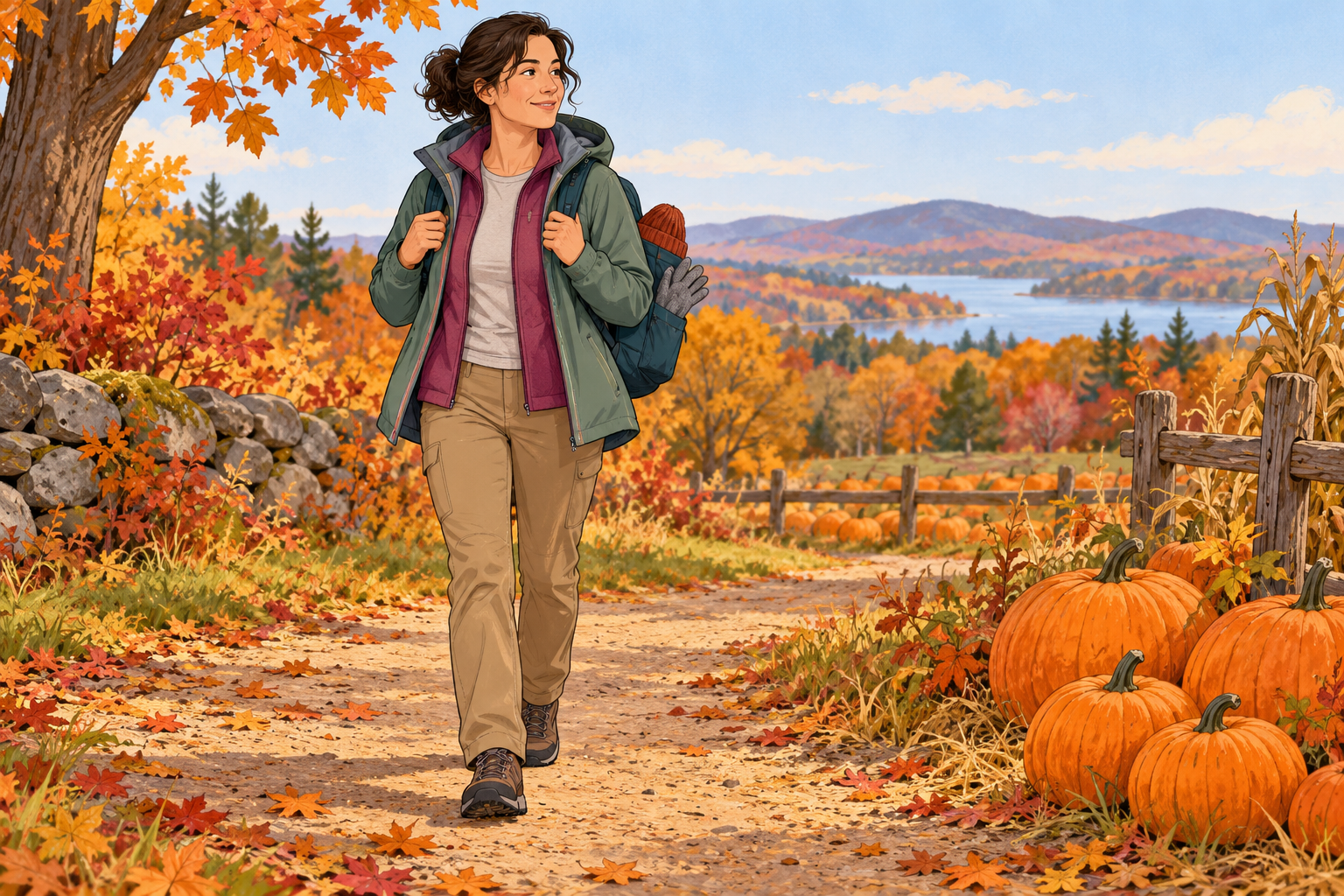 AI illustration of an adult wearing removable layers and walking shoes on an autumn path beside pumpkins