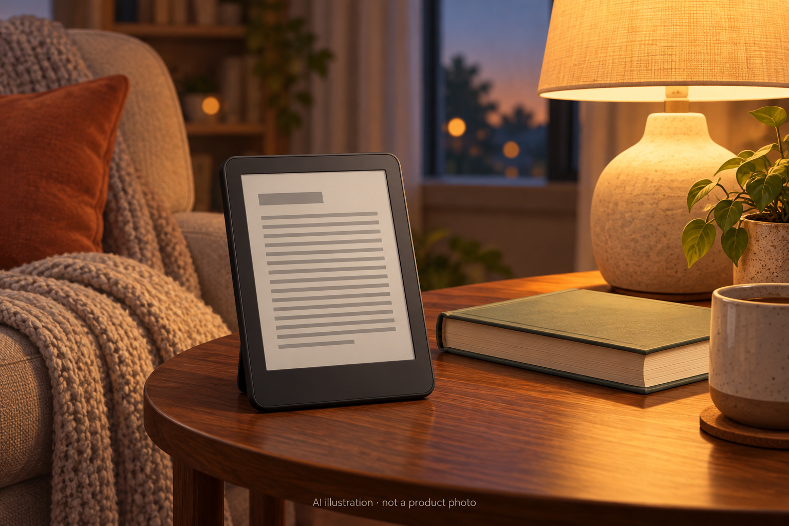 AI illustration of a generic graphite e-reader beside a book and lamp; not an actual Kindle product photograph.