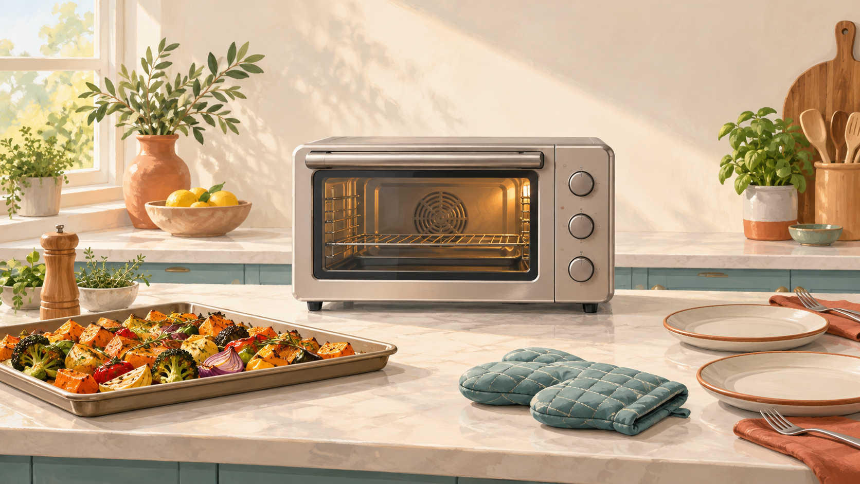 AI-generated illustration of an unbranded countertop oven, roasted vegetables and dinner plates; not an actual Breville product photo.