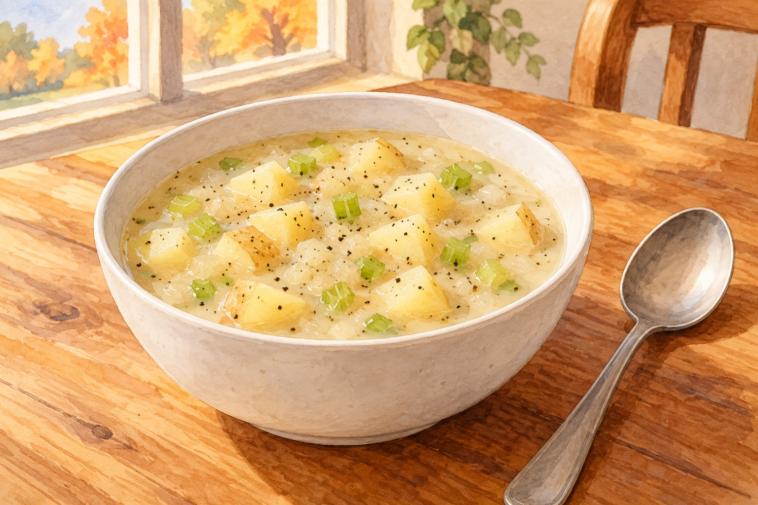 AI illustration of a bowl of light potato soup with potato cubes, celery and onion.