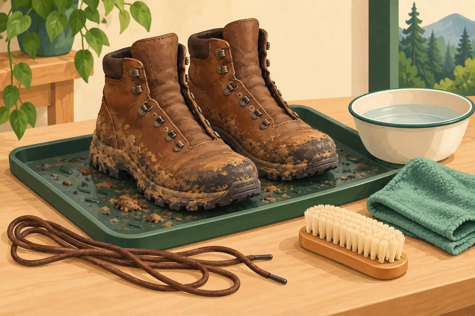 AI illustration of unlaced muddy hiking boots on a tray beside a soft brush, cloth and bowl of water.