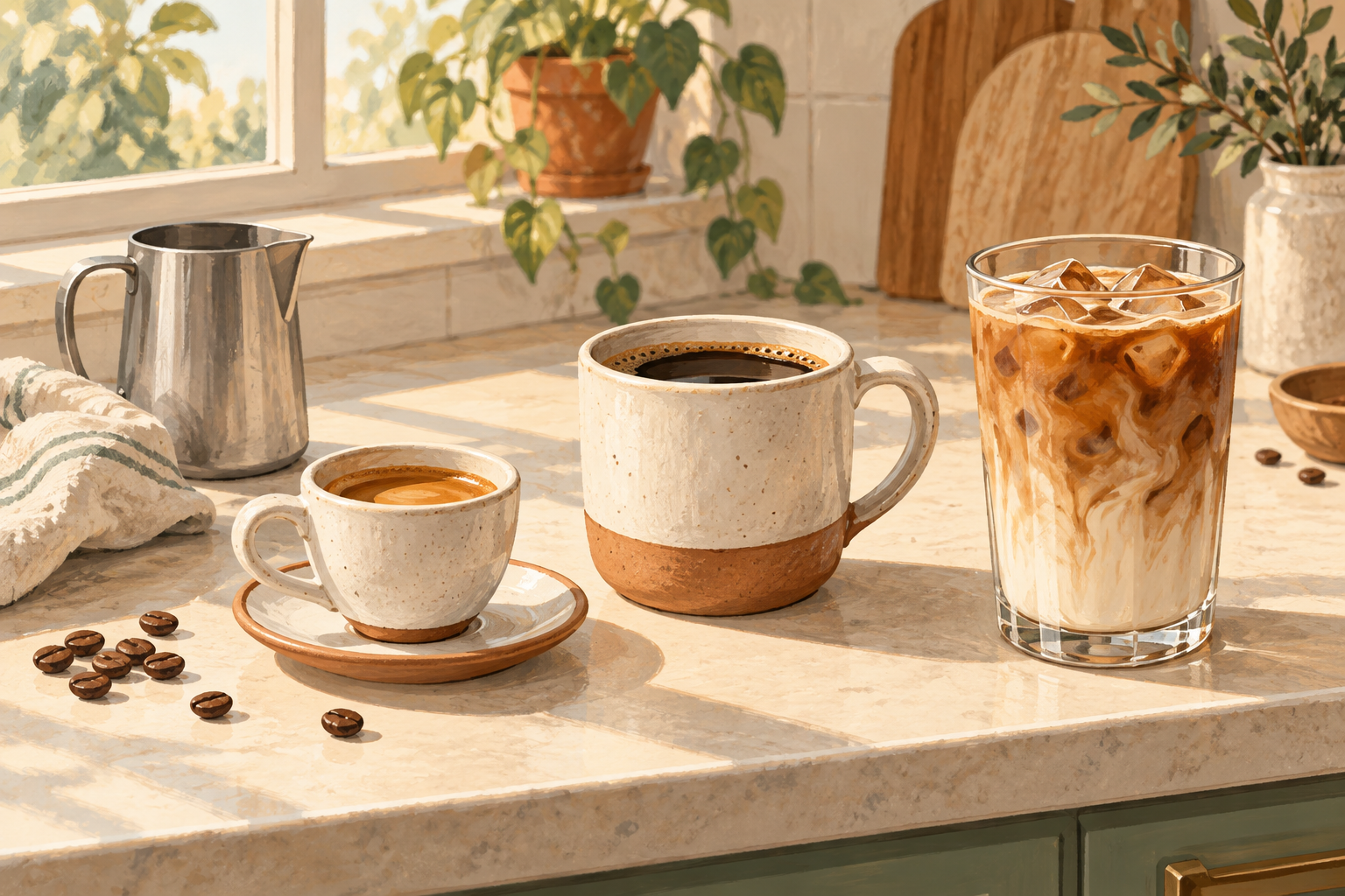 AI-generated illustration of espresso, black coffee and iced milky coffee beside a milk jug on a kitchen counter; not an actual product photograph.