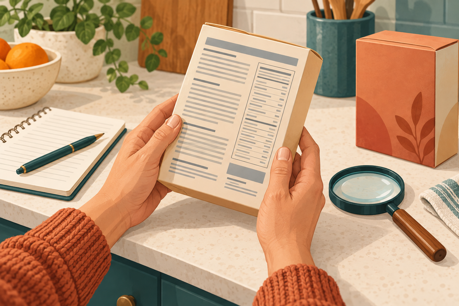 AI illustration of hands reading the back of an unbranded grocery box beside a magnifying glass and notebook.