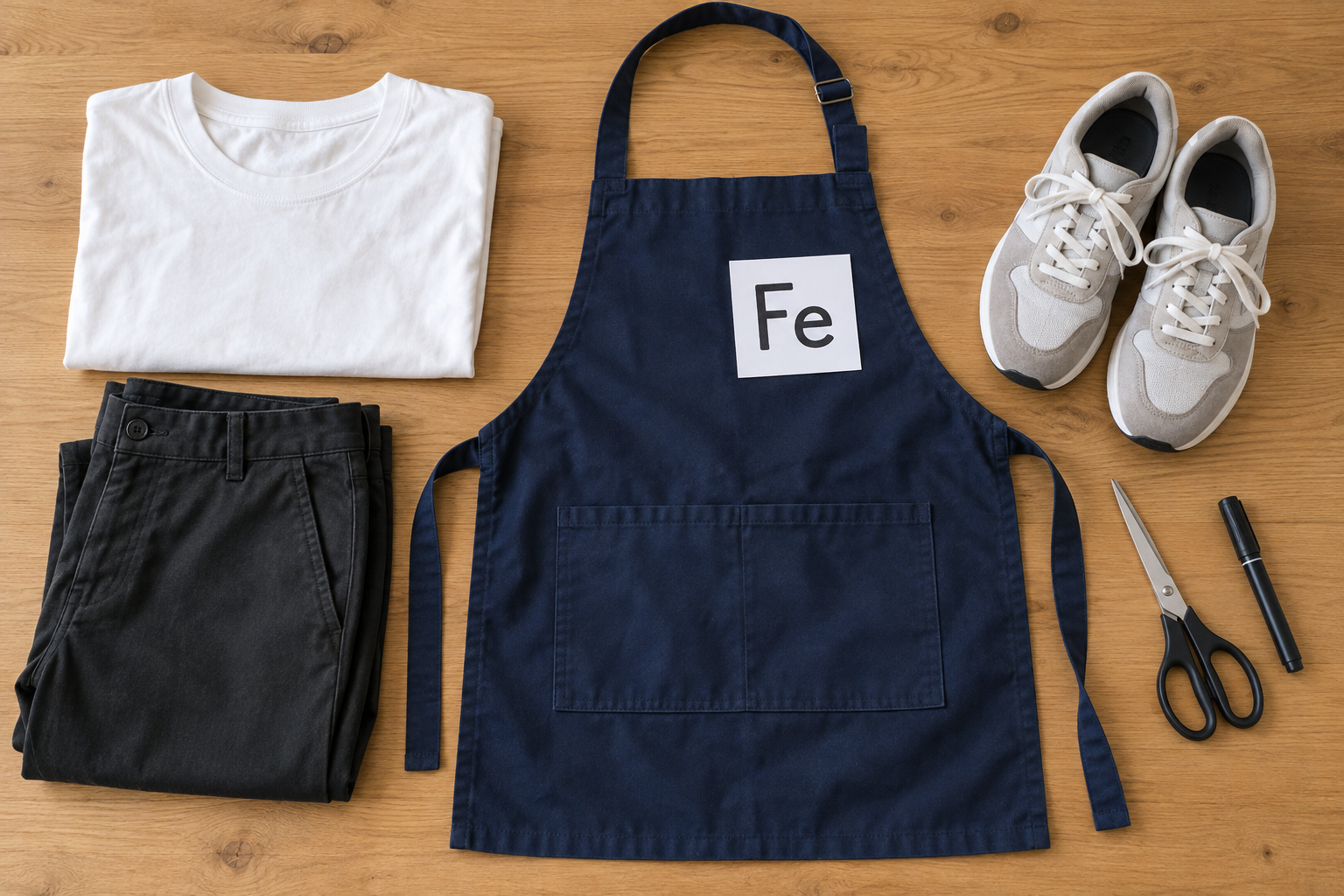 AI-generated flat lay of a white shirt, dark trousers, sneakers and navy apron with a paper Fe badge for an iron chef costume.