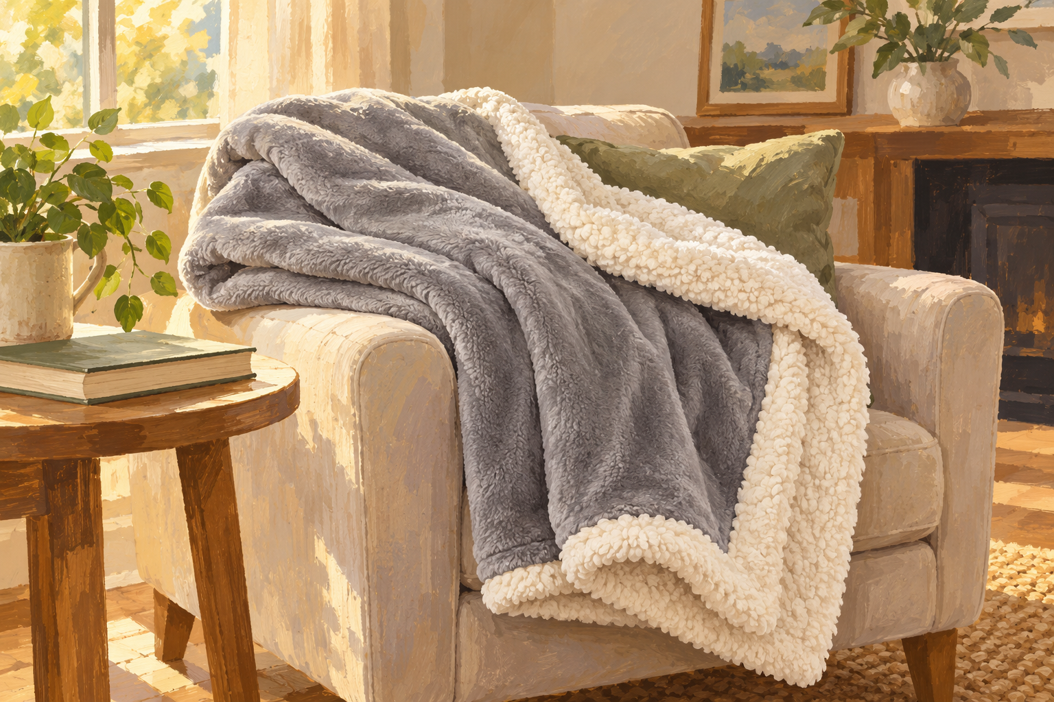 AI-generated illustration of a generic grey blanket with a cream fuzzy reverse draped over an armchair beside a book; not the actual product.
