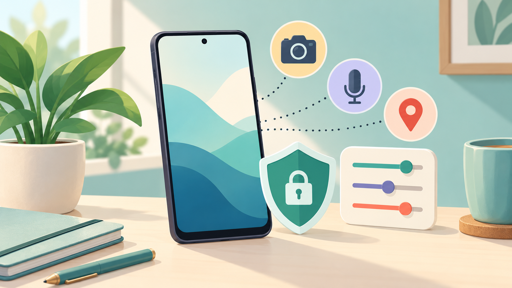 AI illustration of a generic phone with camera, microphone, location and privacy-control symbols