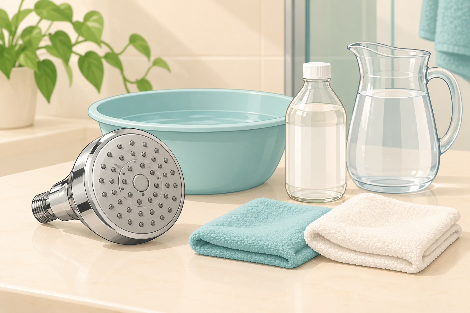 AI-generated generic shower head beside soft cloths, a basin, white vinegar and a water jug