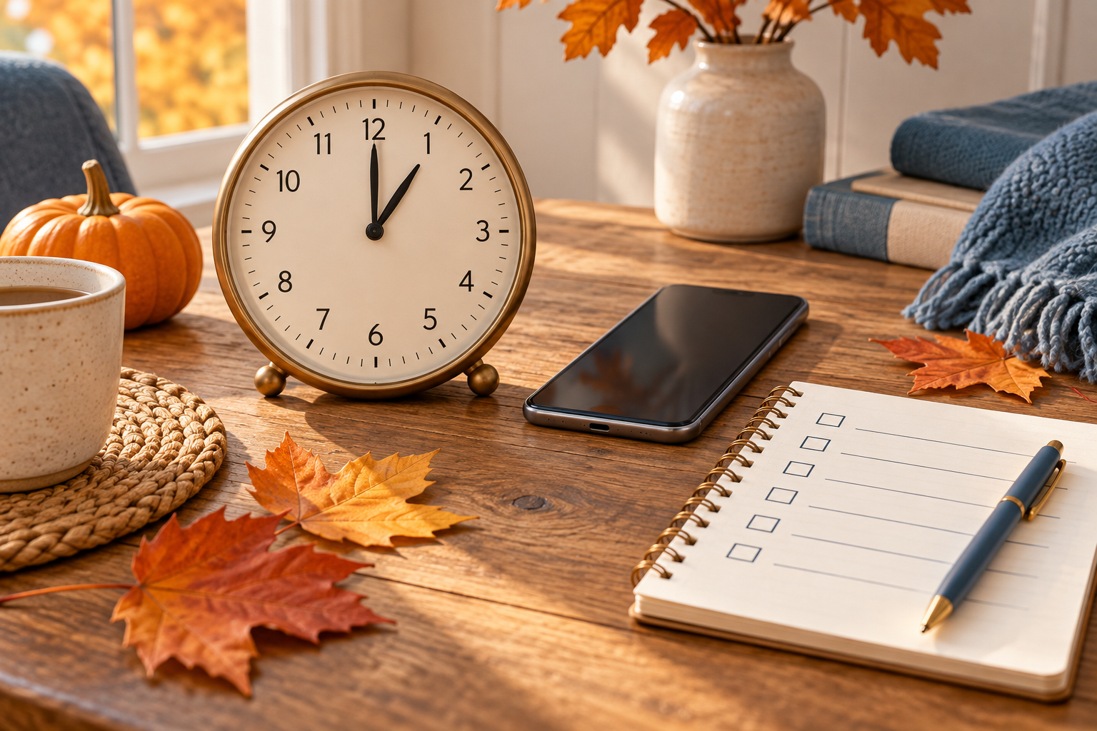 AI-generated autumn tabletop illustration with an analog clock, smartphone and checklist
