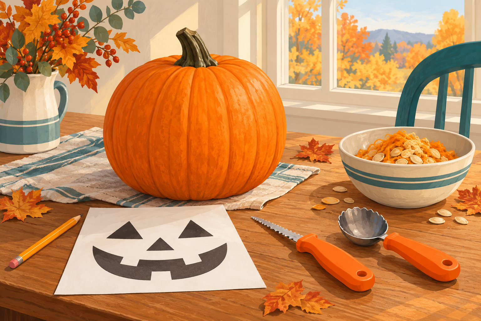 AI illustration of a pumpkin, simple face stencil, generic carving saw and scoop on an autumn worktable; not the actual kit.