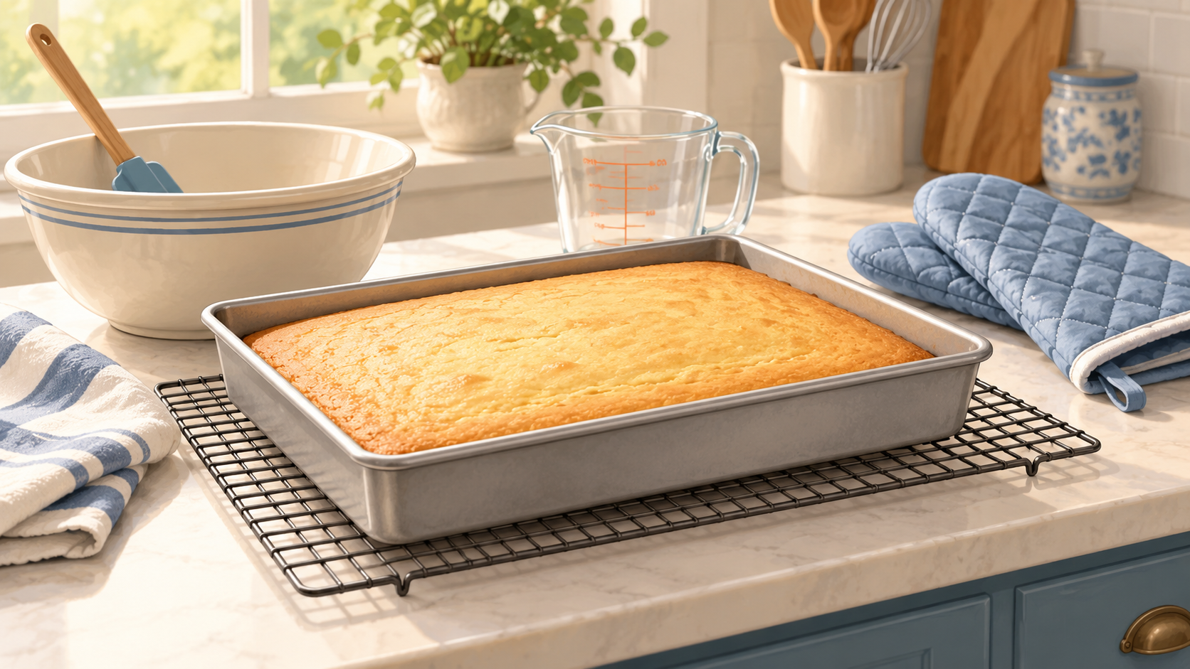 AI illustration of a plain sheet cake cooling in a rectangular pan on a rack, with a mixing bowl, measuring jug and oven mitts.