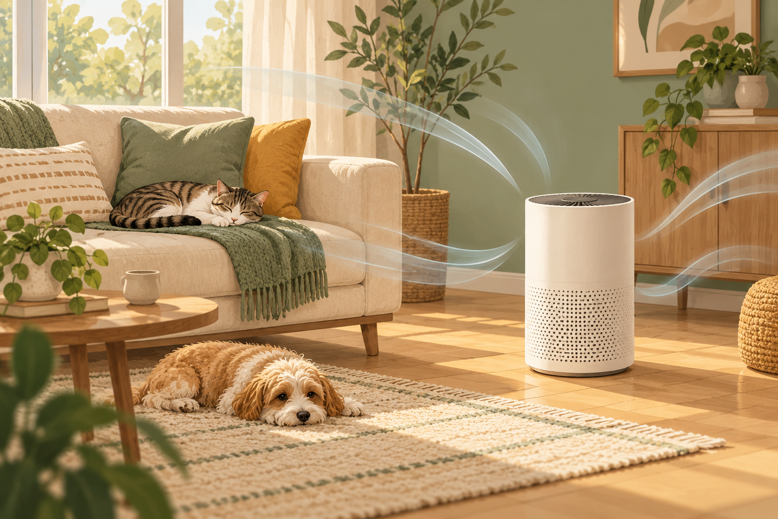 AI-generated generic illustration of a cat and dog relaxing in a living room beside an unbranded air purifier, not an actual product photo