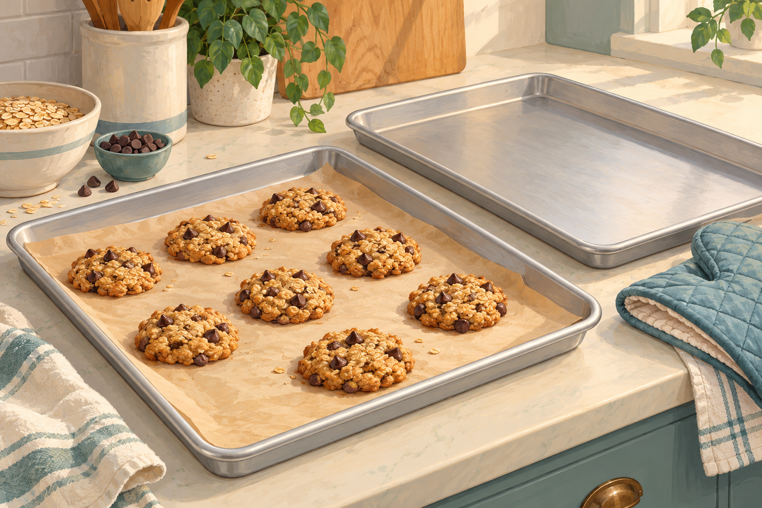 AI illustration of two generic silver baking sheets, one holding oatmeal chocolate chip cookies on parchment.