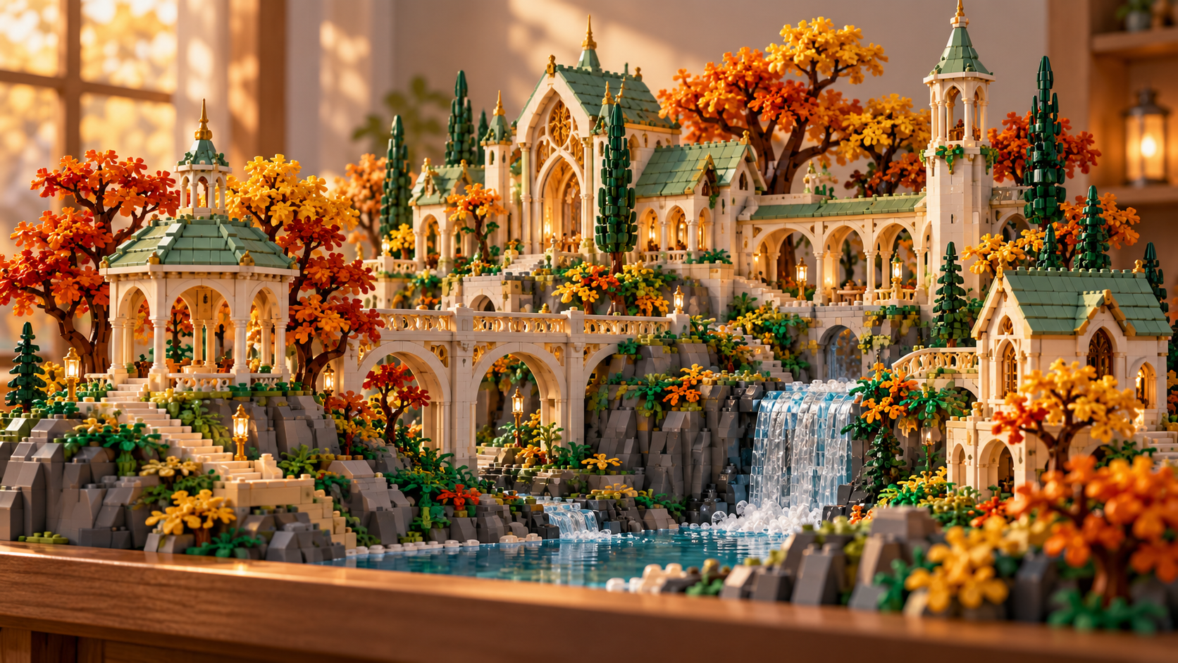 AI-generated illustration of a generic fantasy brick-building display; not LEGO Rivendell set 10316.