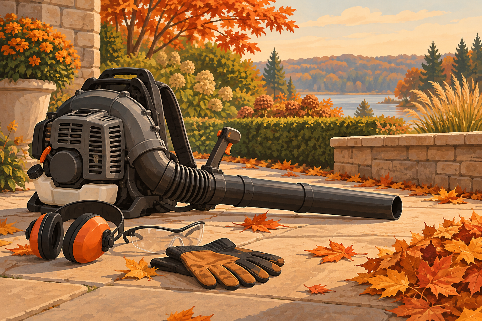 AI illustration of a generic backpack leaf blower resting outdoors with hearing protection, safety glasses and gloves among autumn leaves.