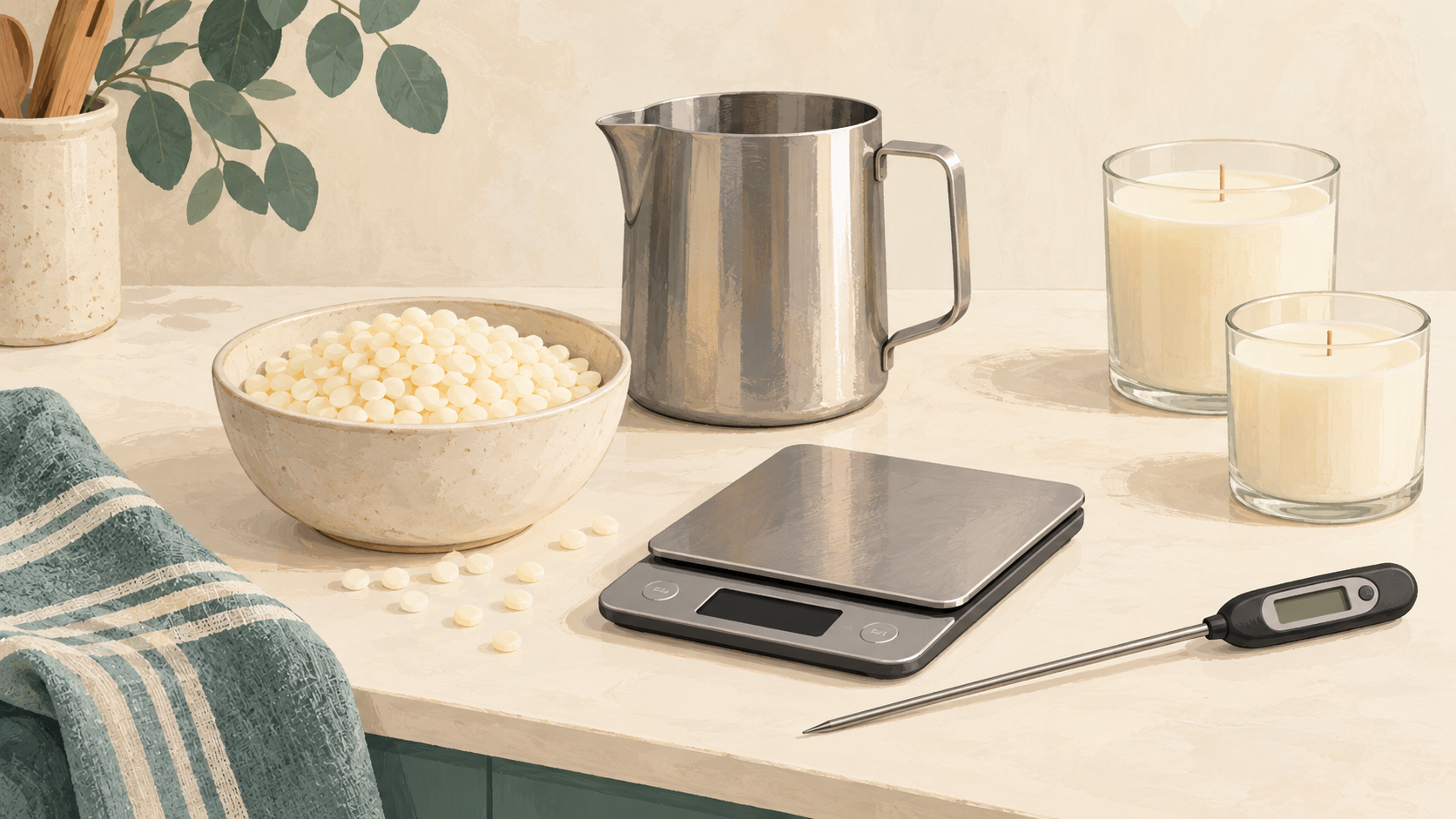 AI-generated illustration of wax beads, a pouring pitcher, scale, thermometer and unlit container candles; not an actual product photo.