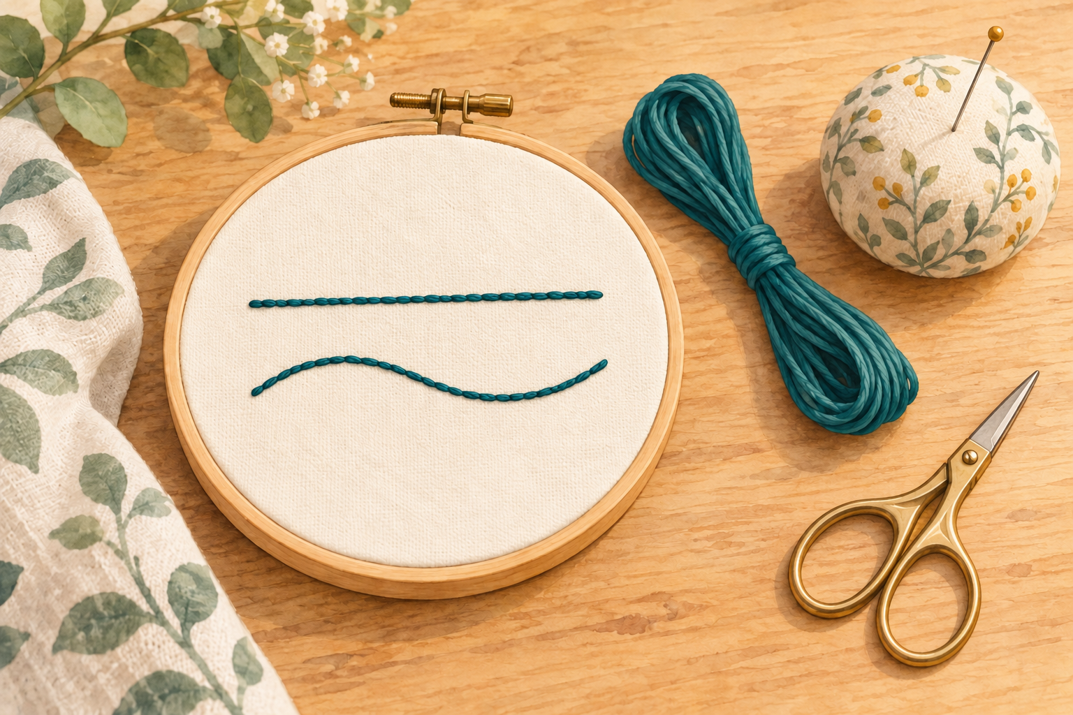 AI illustration of a cotton embroidery hoop with straight and curved teal practice lines, thread and closed scissors