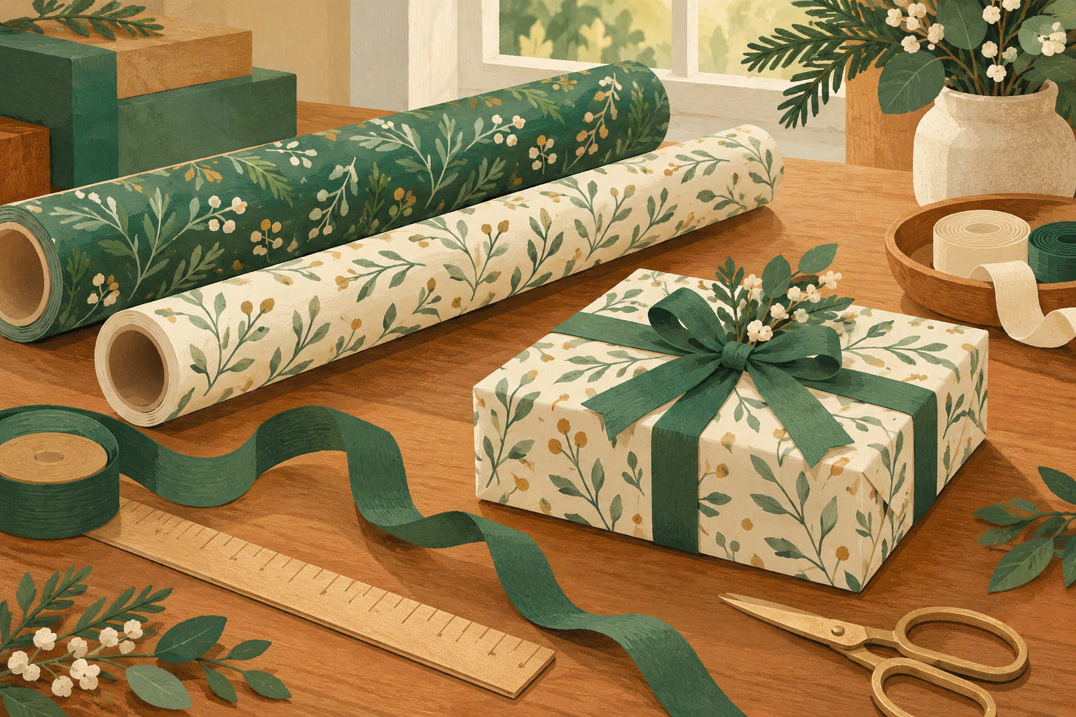 AI illustration of patterned wrapping paper rolls, ribbon and a wrapped gift on a table; no Little ELF product shown