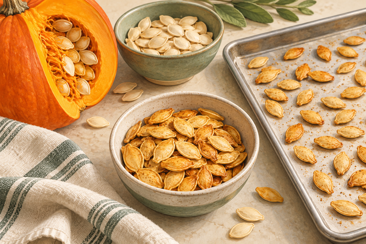 Illustrated bowl of roasted whole pumpkin seeds beside a baking sheet, fresh seeds and an opened pumpkin.
