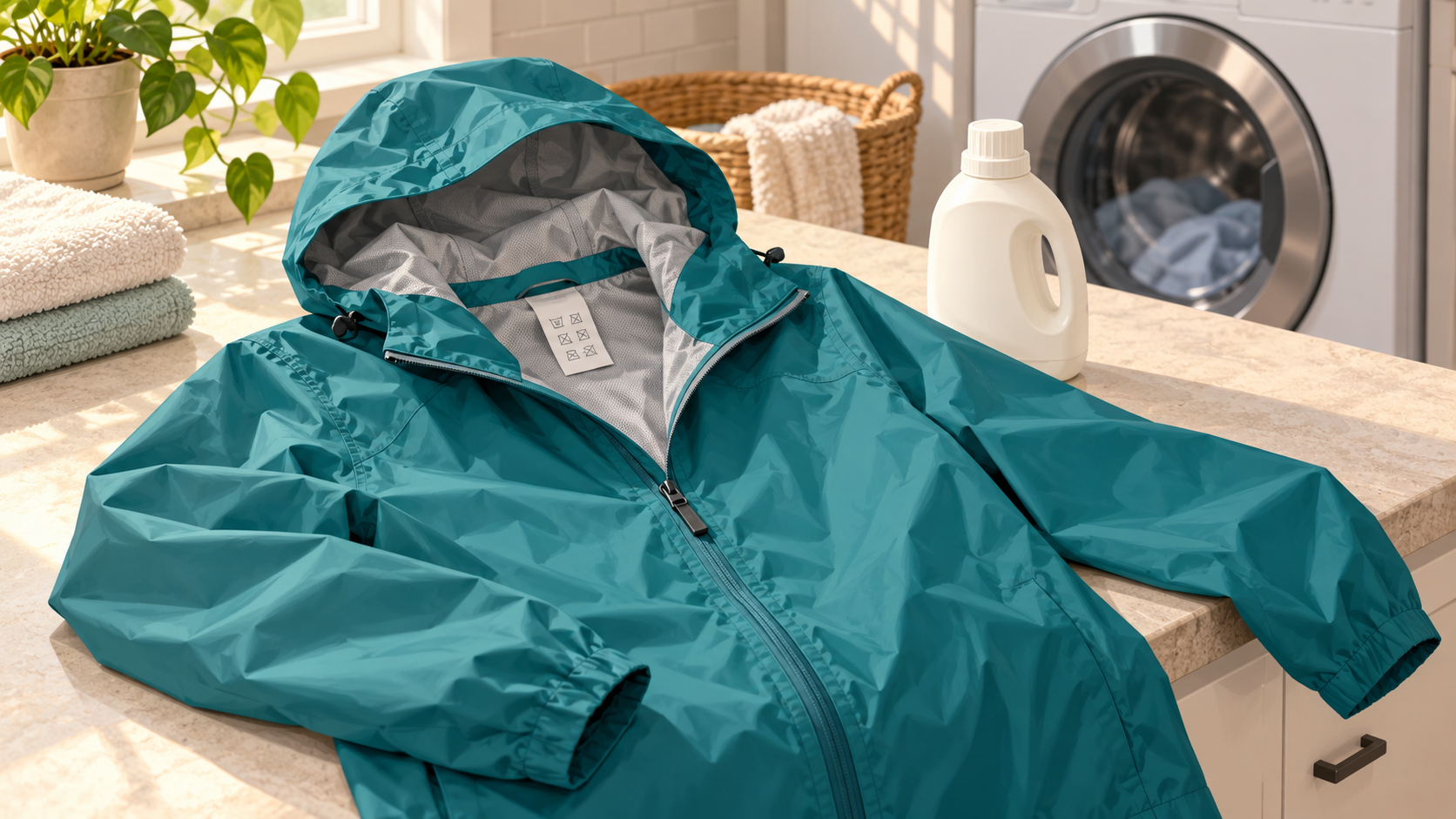 AI-generated illustration of an unbranded teal rain shell and detergent beside a washer.