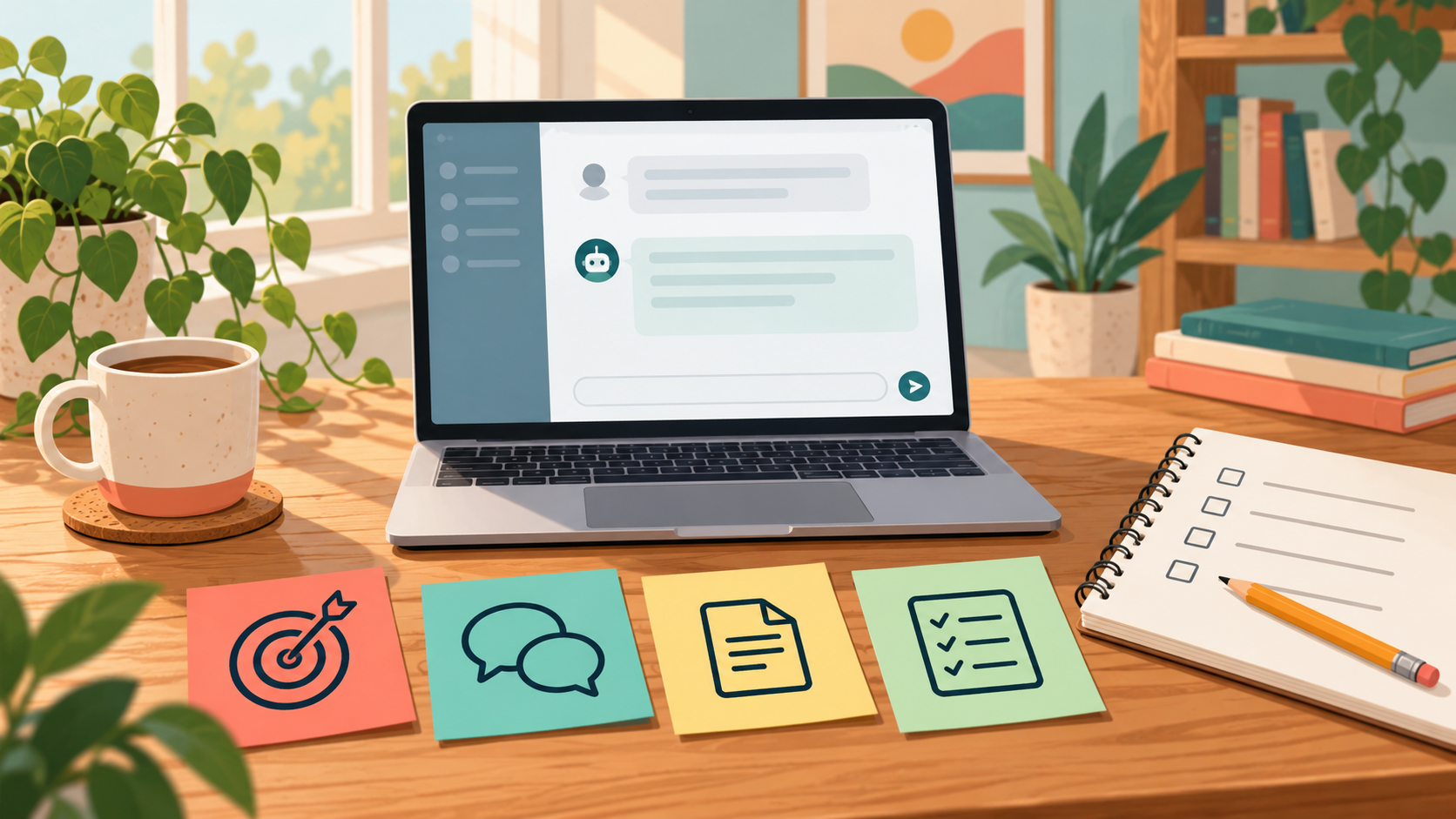 AI illustration of a laptop with a generic chat screen, four planning cards and a paper checklist