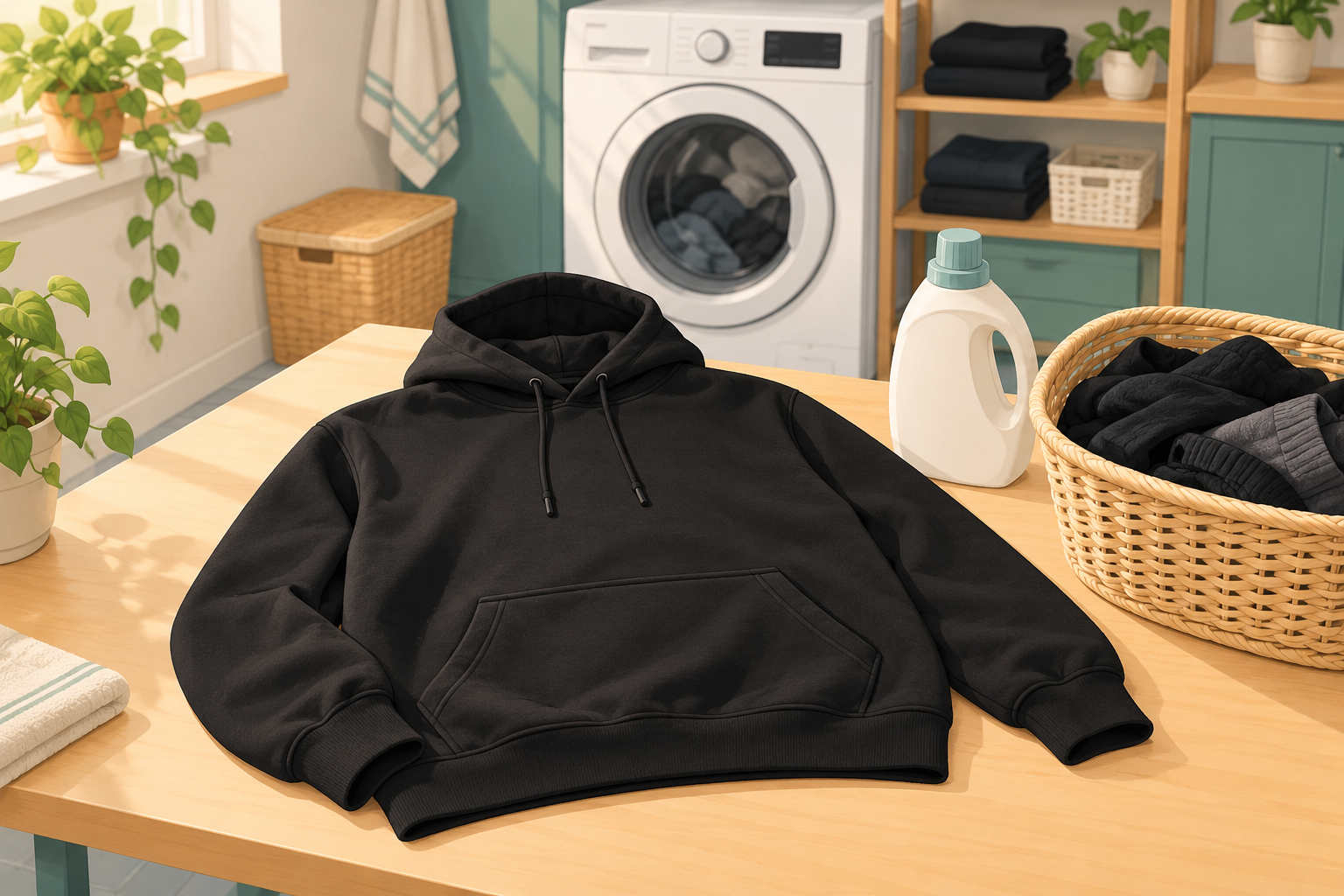 AI-generated illustration of a plain black hoodie beside detergent and dark laundry in a laundry room
