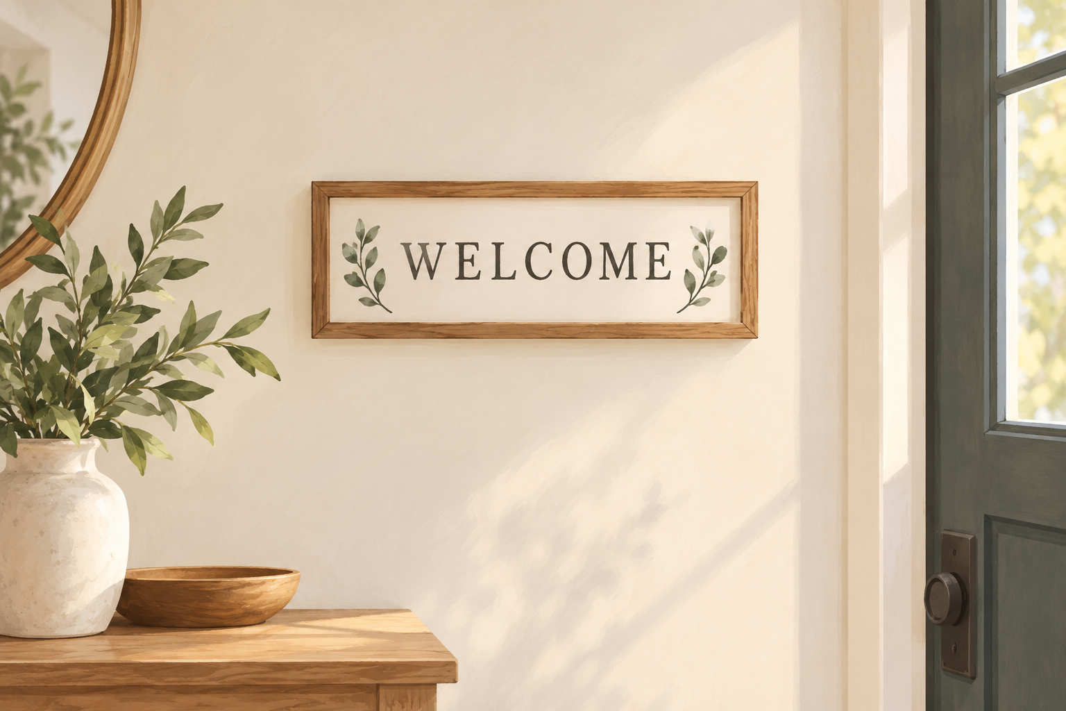 AI illustration of a small wood-framed Welcome sign mounted level on a plain entryway wall.