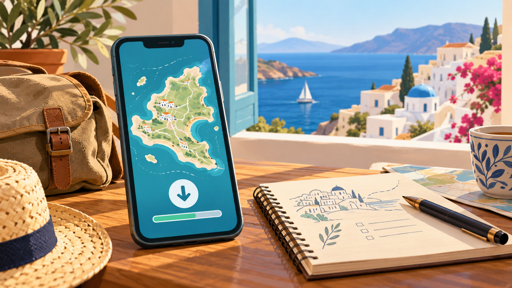 AI illustration of a phone downloading a fictional island map beside travel notes and a bag
