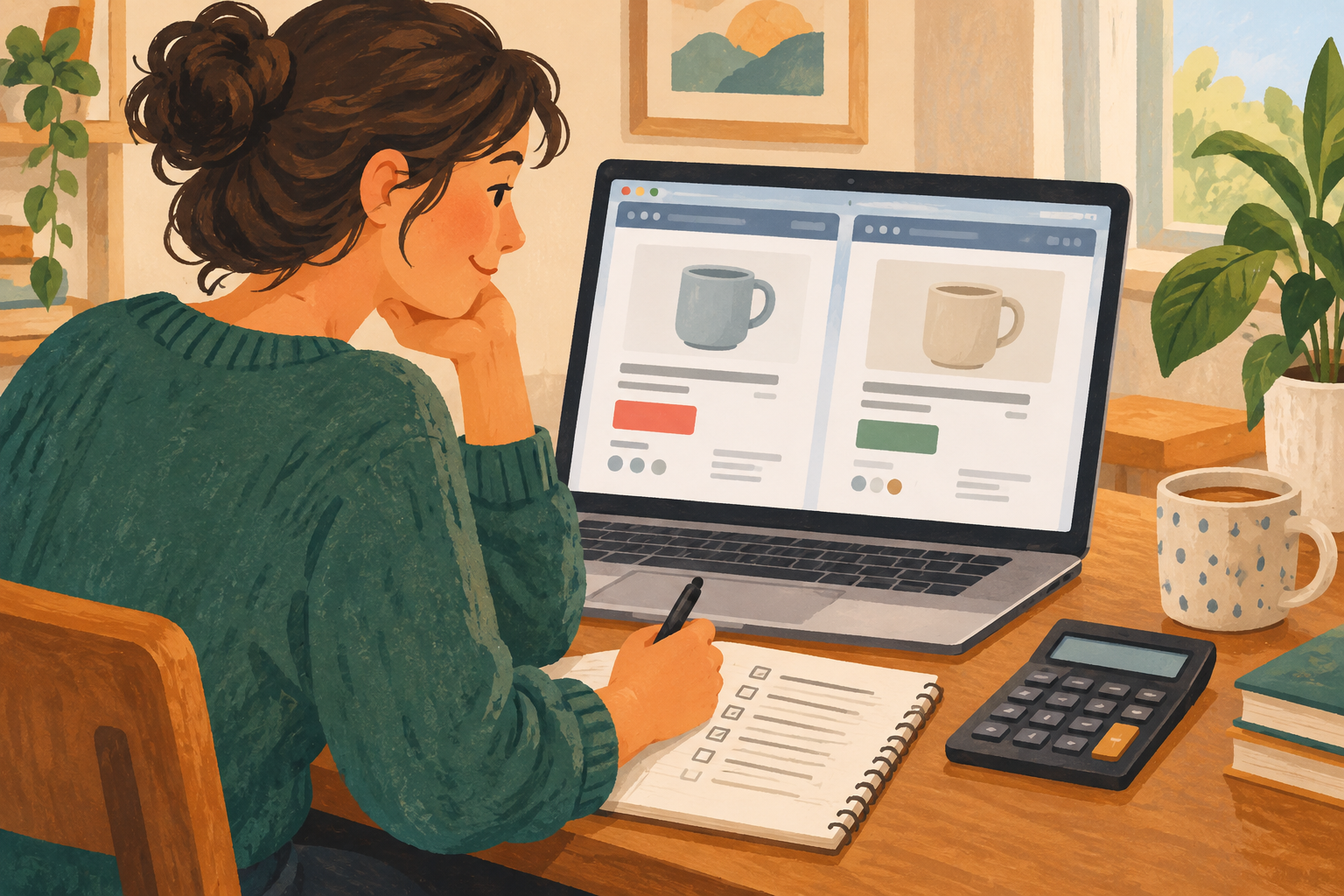 AI illustration of a shopper comparing two generic product pages with a notebook and calculator.