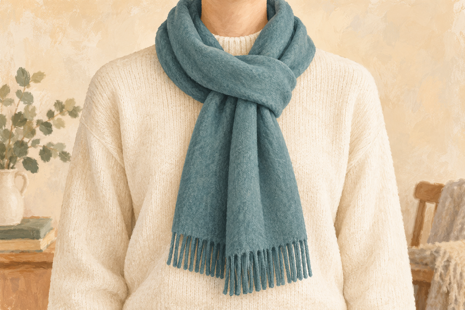 Teal rectangular scarf tied loosely in a fold-and-loop knot over a cream sweater.