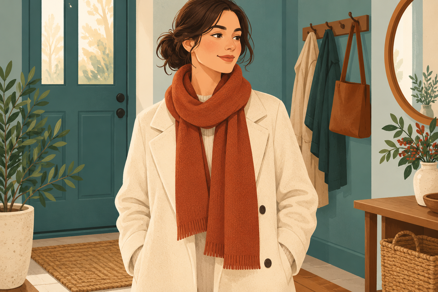 AI-generated illustration of an adult wearing a rust-colored scarf and cream coat in an entryway