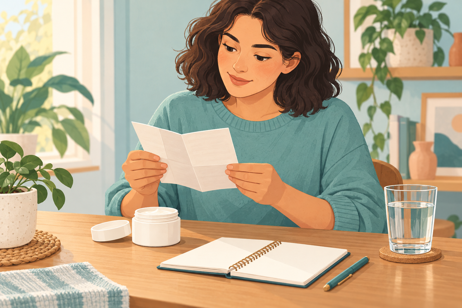 AI-generated illustration of a person reading cosmetic directions beside a notebook and unbranded jar