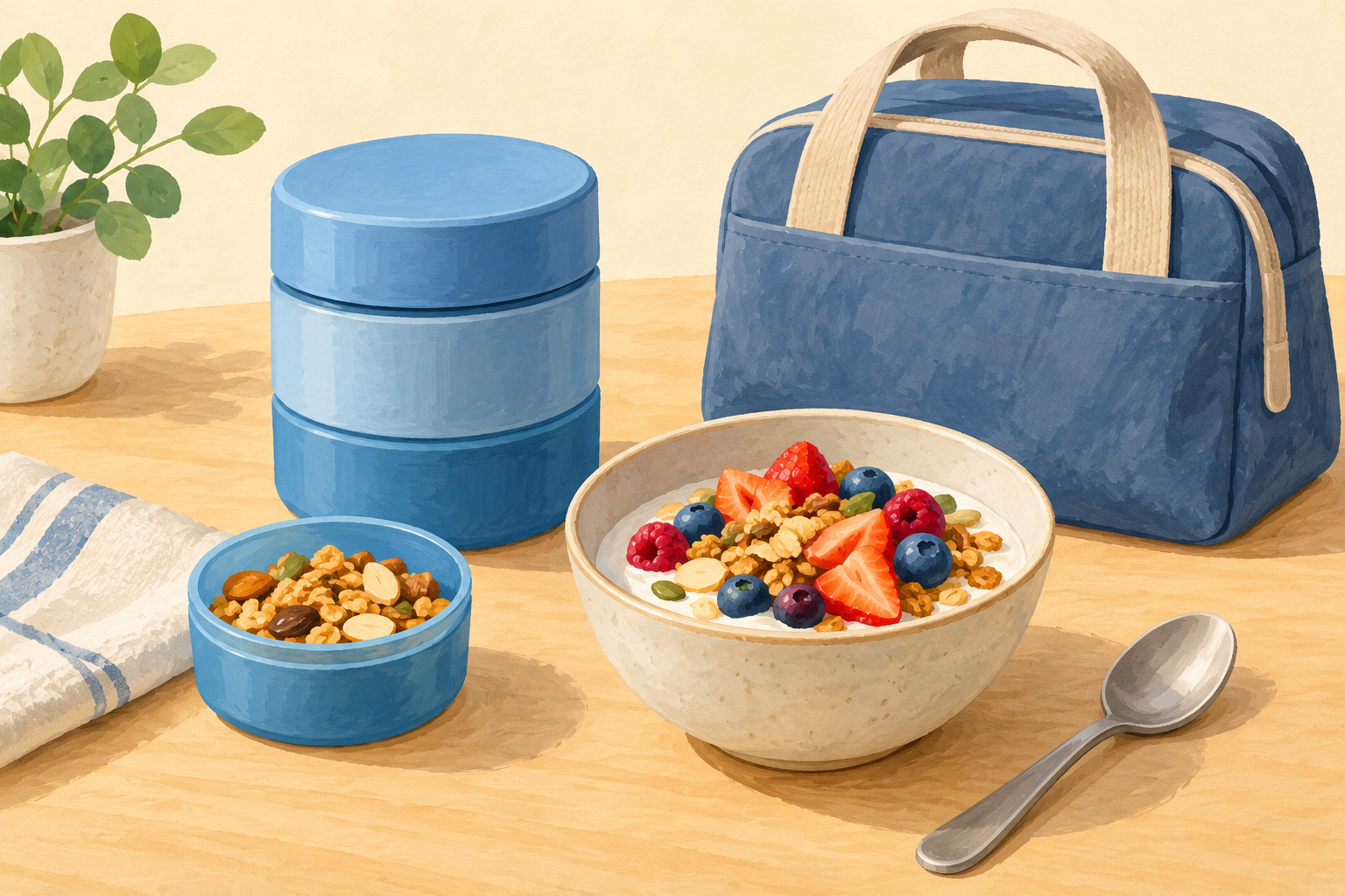Editorial illustration of a blue stacked snack container, separate granola portion, berry yogurt, spoon and insulated lunch bag on a desk.