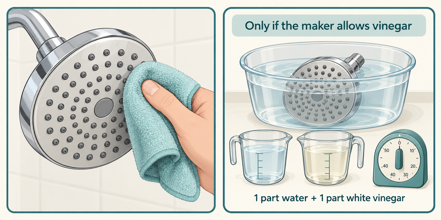 Two-panel illustration of wiping flexible shower nozzles with a soft cloth and a separate, maker-approved equal-parts water and vinegar soak