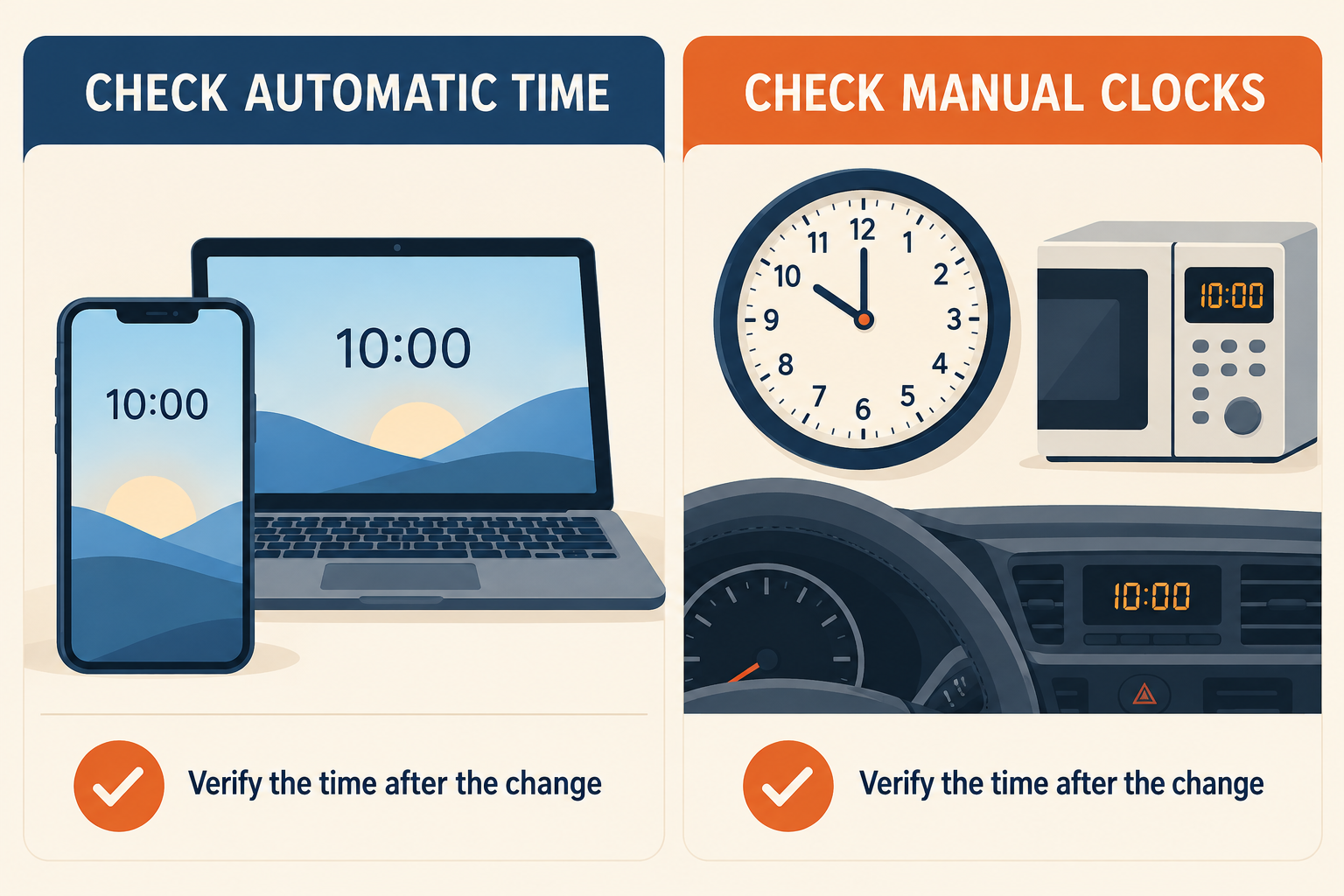 Two-column illustration separating phone and laptop time checks from manual wall, appliance and car clocks