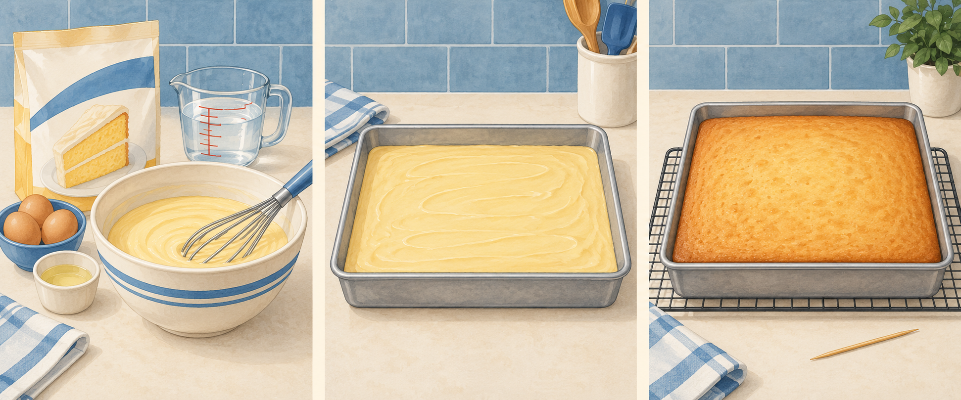 AI illustration of cake ingredients and a mixing bowl, evenly spread batter in a rectangular pan, and a baked cake cooling on a rack.