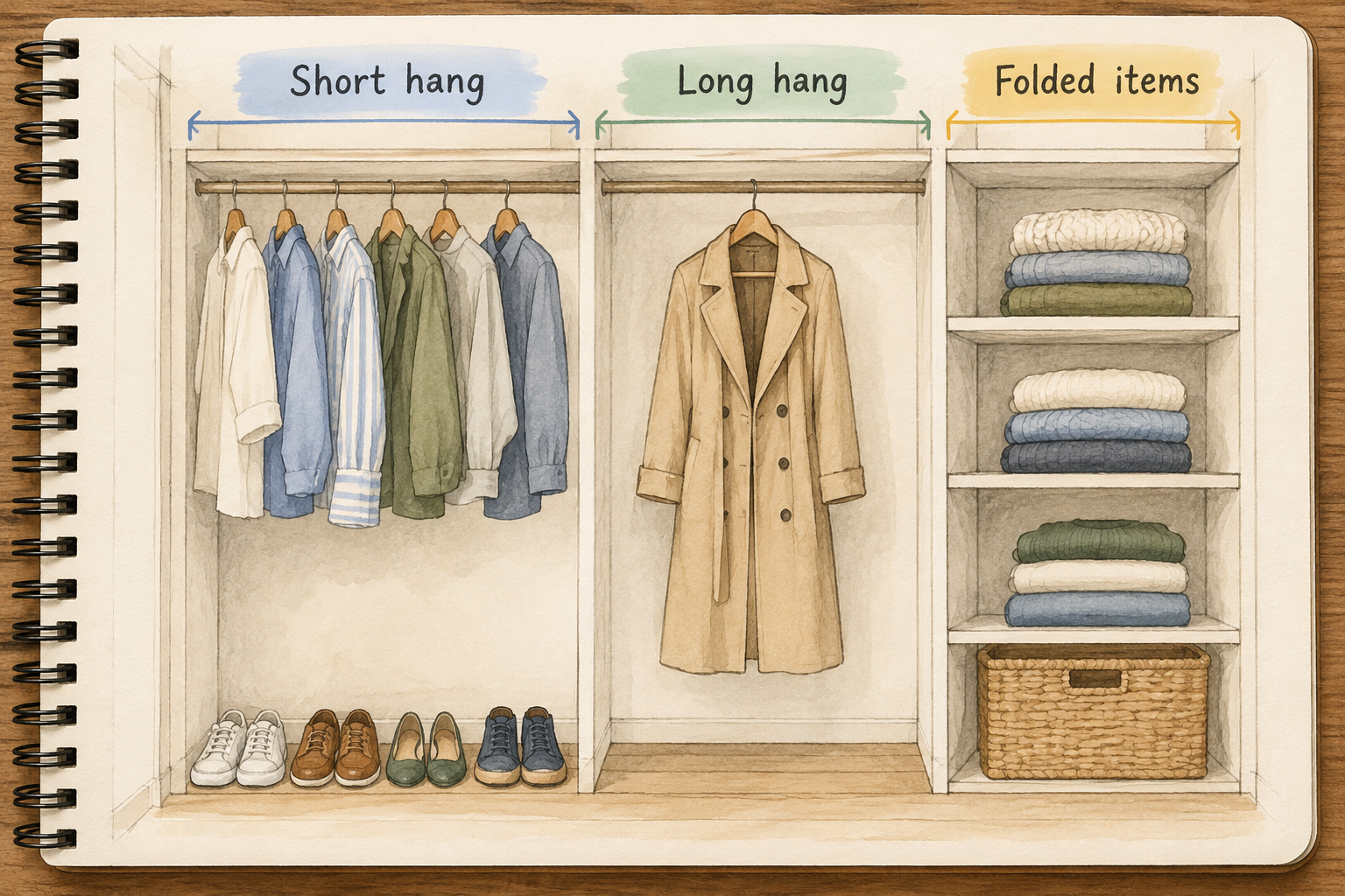 AI closet planning sketch with separate zones for short hanging clothes, a long coat, folded items and shoes