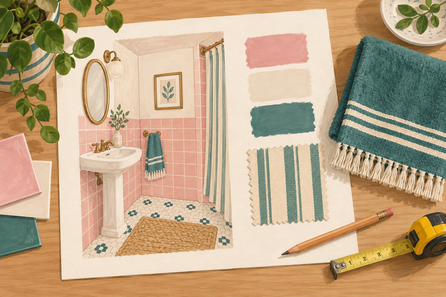 AI illustration of a bathroom color-planning board with pink, cream and teal swatches and a striped textile.