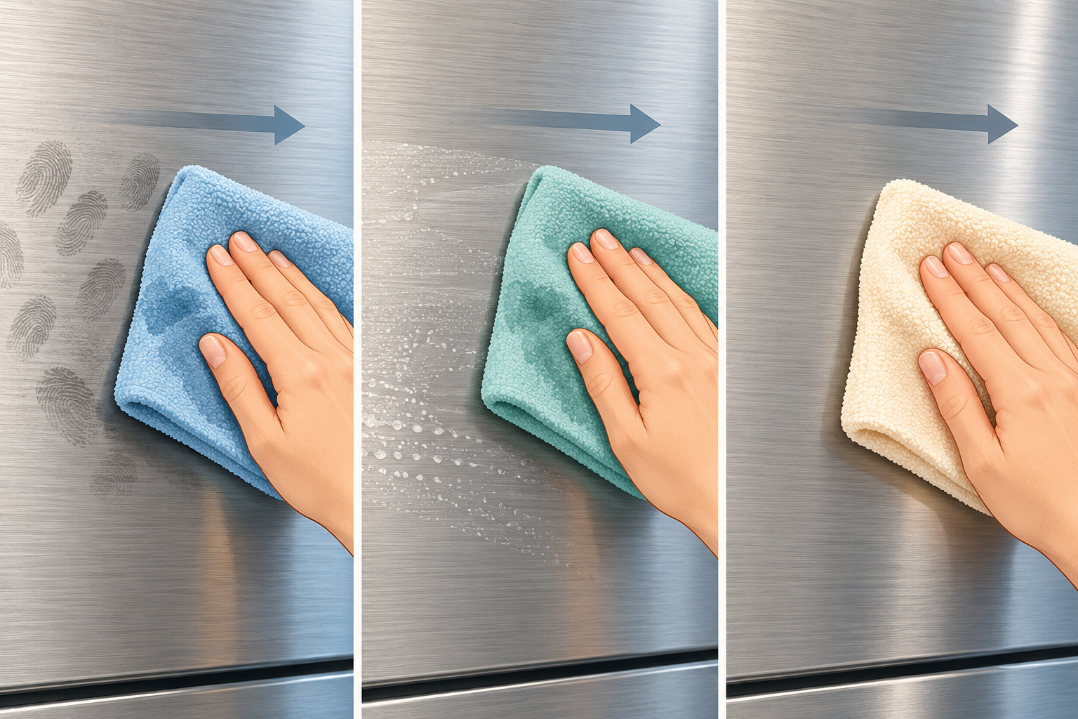 AI illustration of three cloth passes along horizontal steel grain: wash, remove residue and dry.