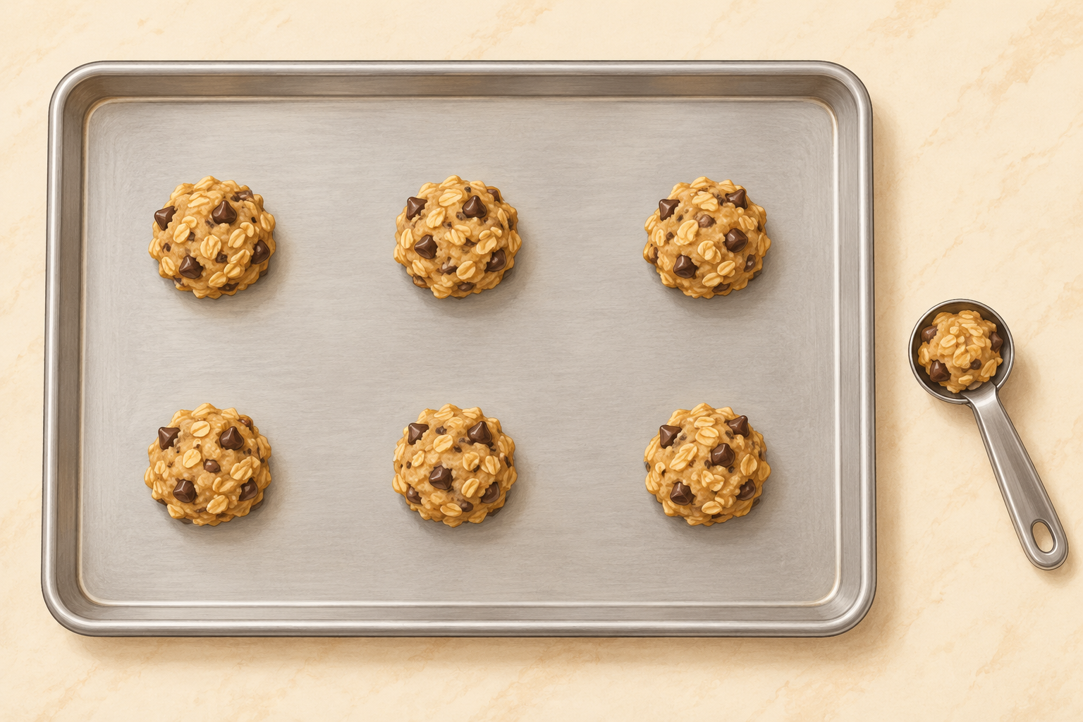 AI illustration of six evenly sized oatmeal cookie dough portions spaced apart on an ungreased baking sheet