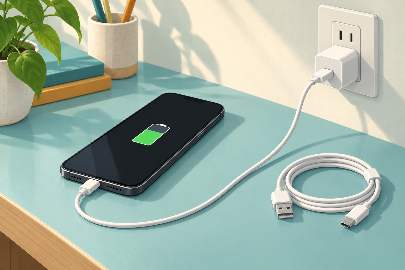 AI illustration of a phone charging on a clear desk with a spare cable nearby