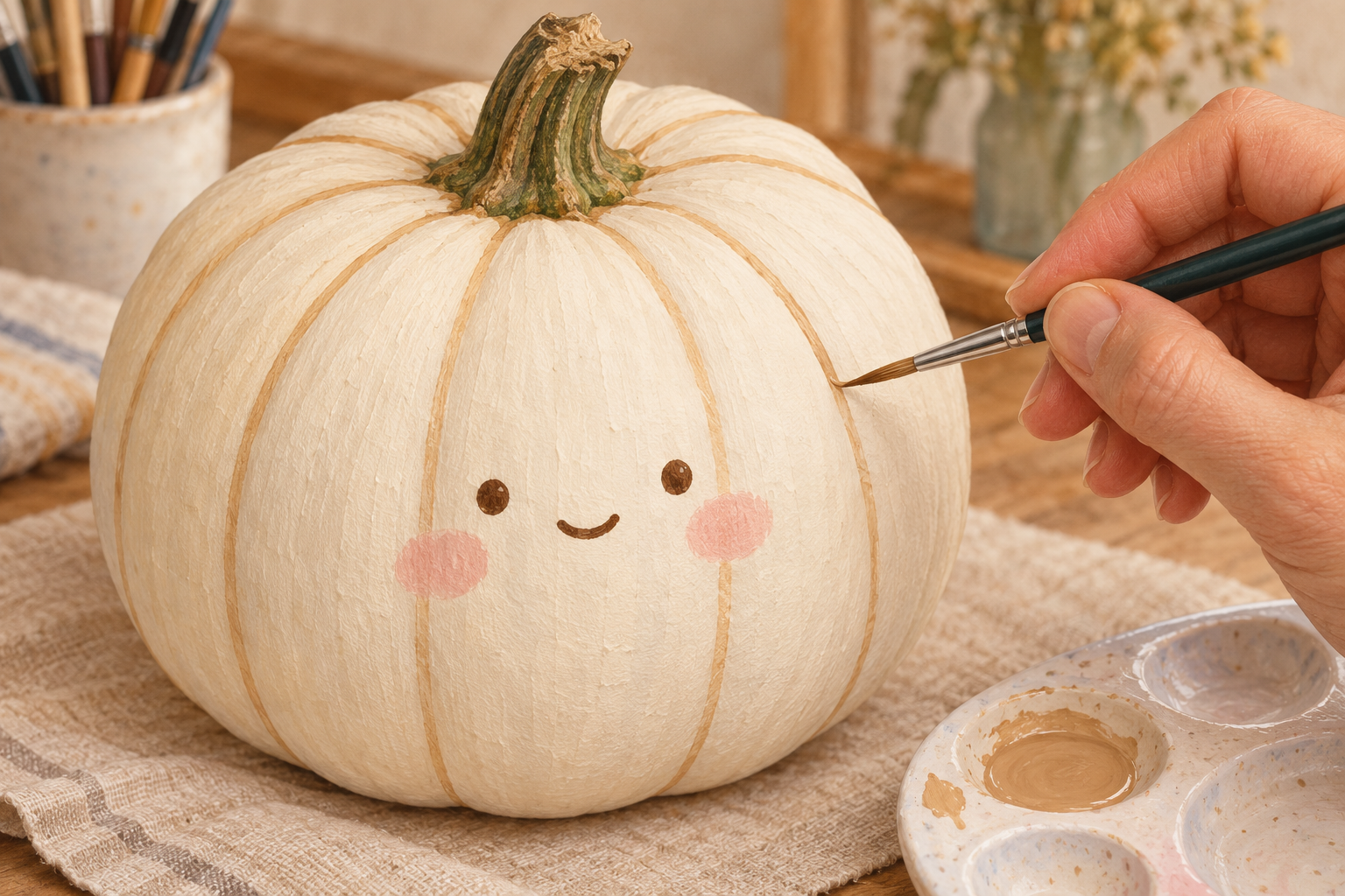 A fine brush adds a pale tan rib line to a cream-painted intact pumpkin with a small smiling face and an unpainted stem.