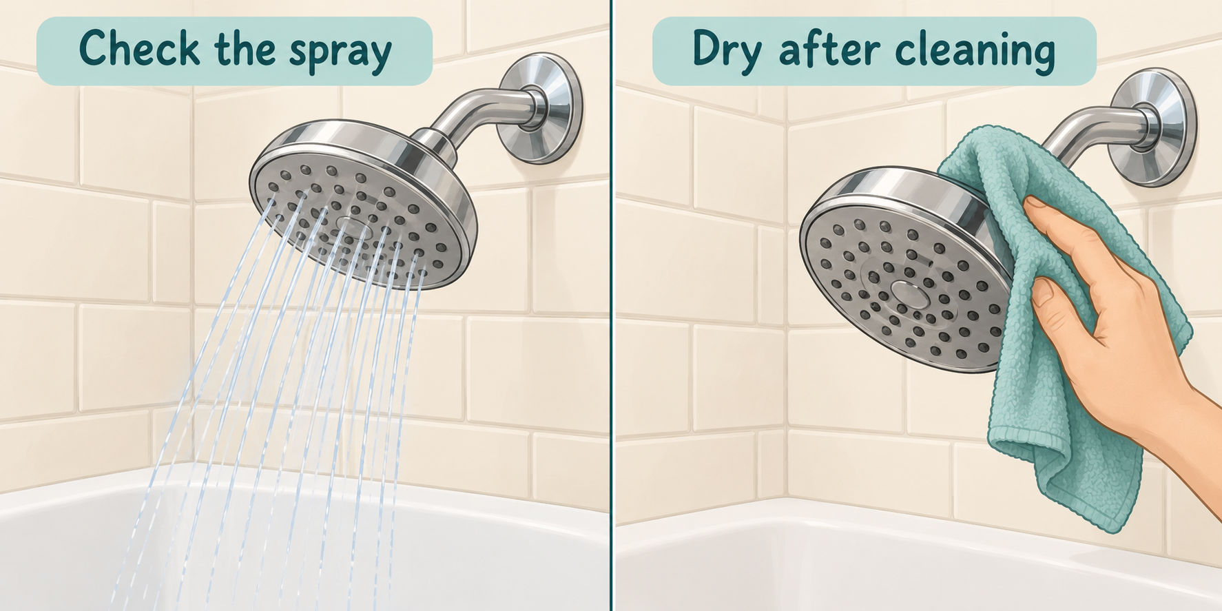 Illustration of checking a shower spray, then turning the water off and drying the shower head with a soft cloth