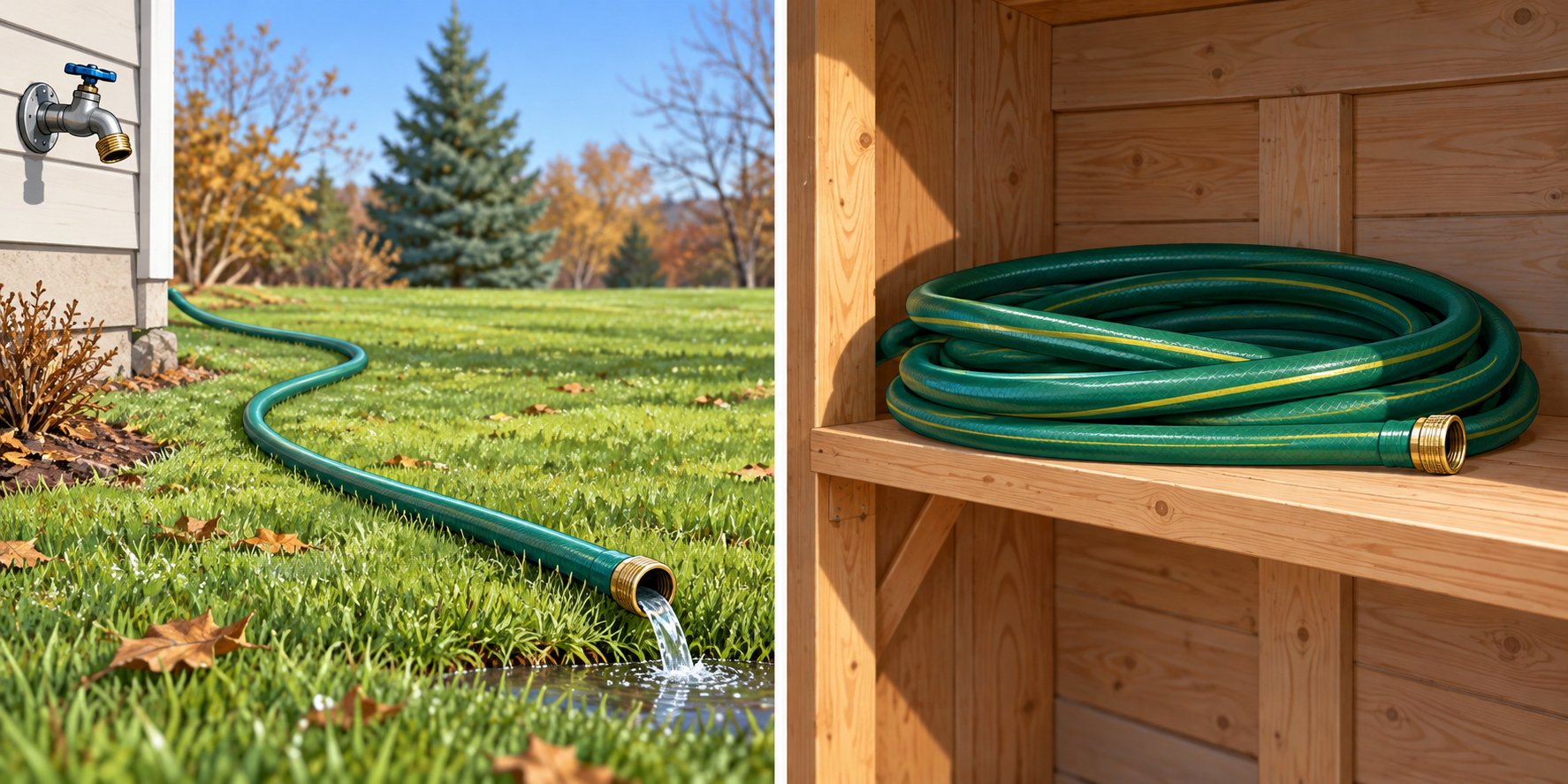 AI illustration showing a disconnected hose draining, then coiled in dry sheltered storage