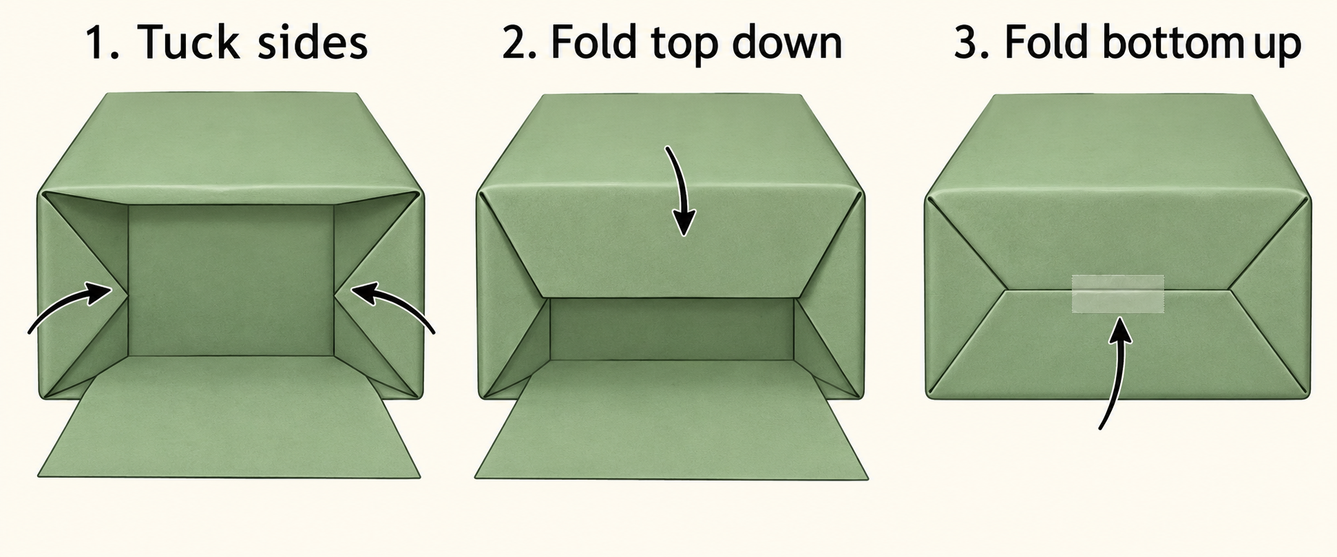 Three illustrated gift-box end folds: tuck the sides inward, fold the top flap down, then lift and tape the bottom flap.