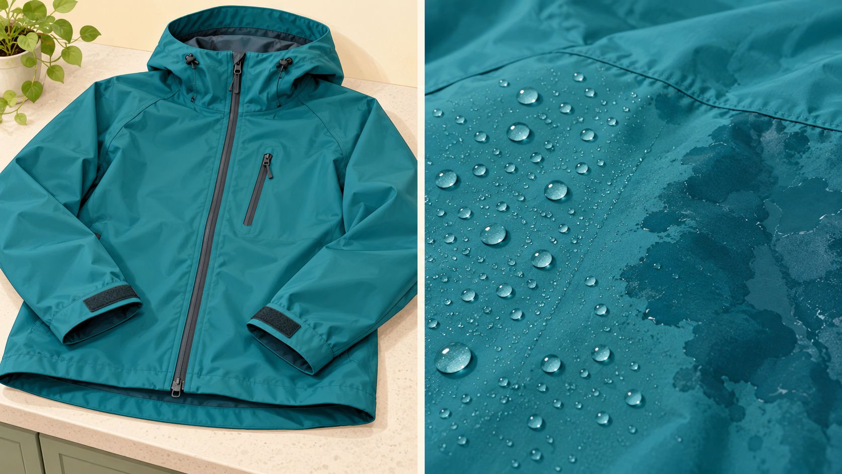 AI illustration of closed jacket zips and water beading beside a wet-looking fabric patch.