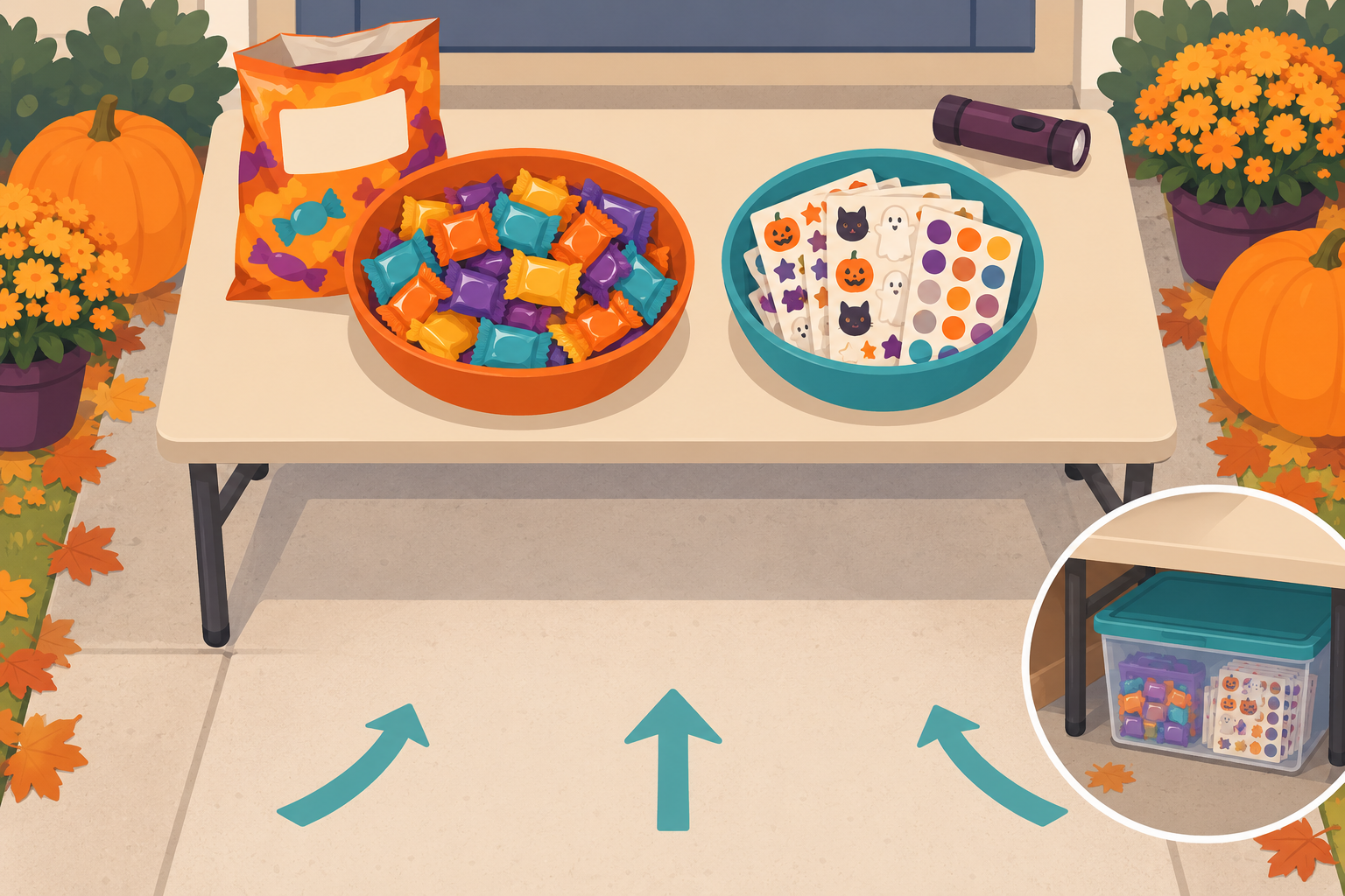 AI illustration showing separate bowls for wrapped candy and paper sticker sheets, original packaging nearby and a clear approach to the table.