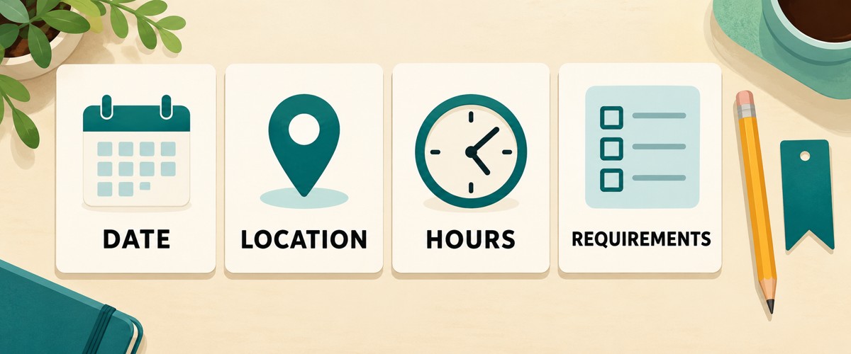 AI illustration of four checklist cards labeled Date, Location, Hours and Requirements.
