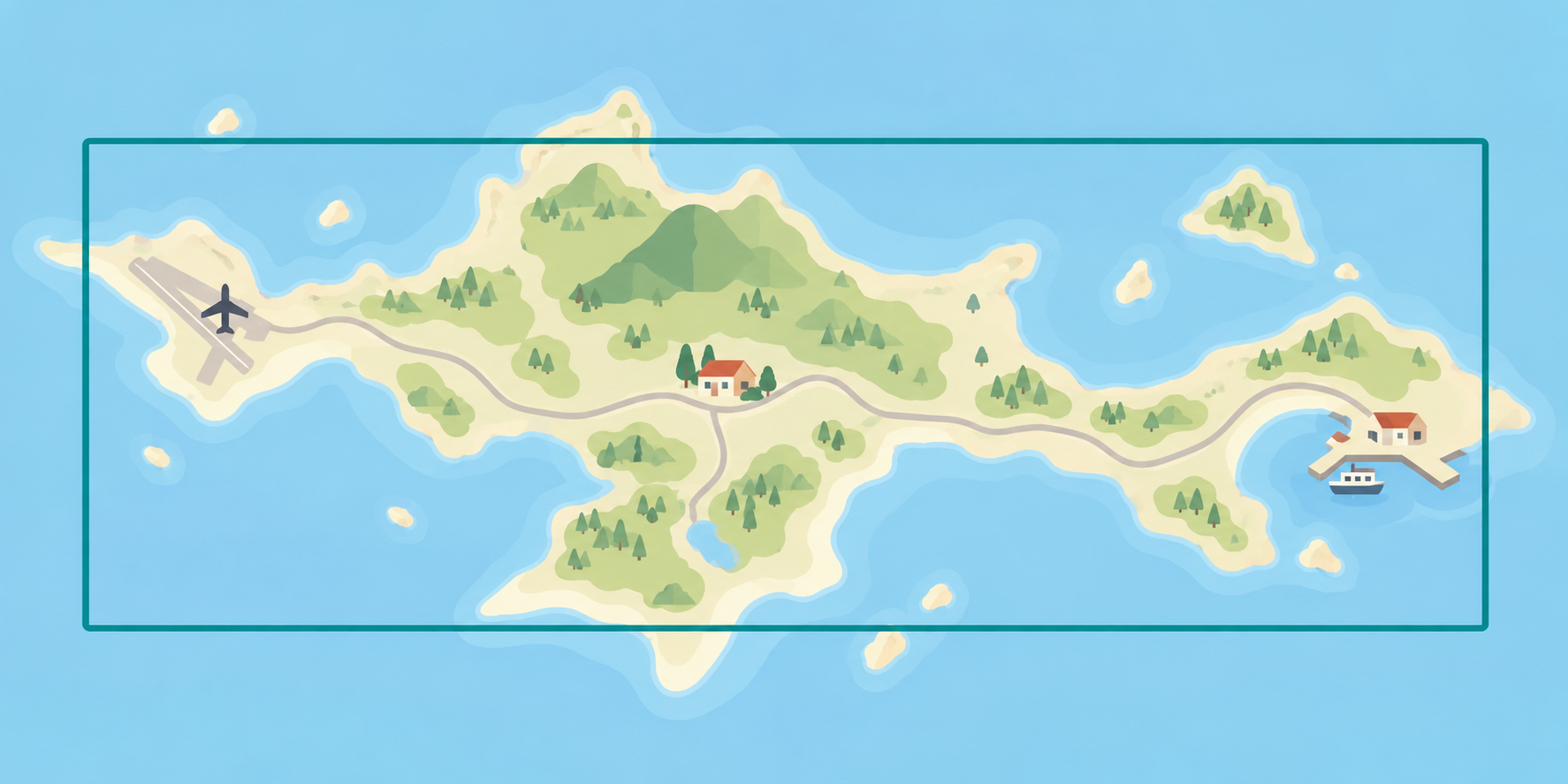AI diagram of a fictional island with airport, lodging and harbor inside an offline-map selection rectangle